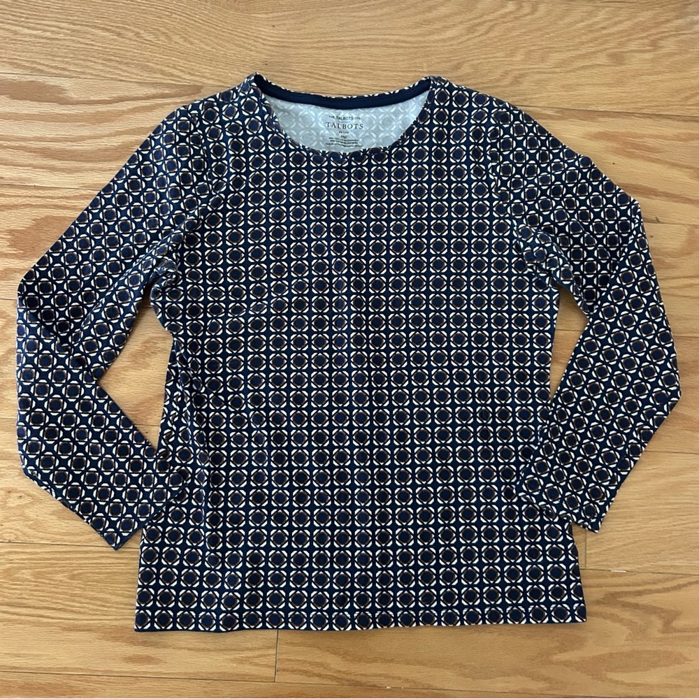 Talbots Navy and White Geometric Tee